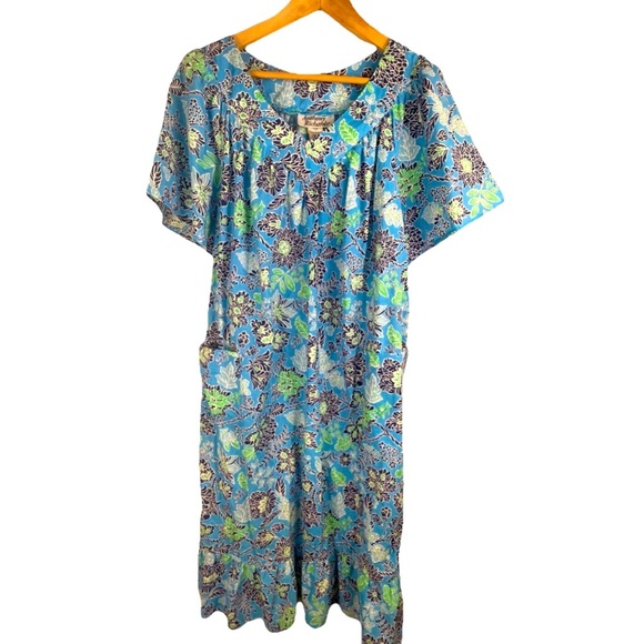 Anthony Richard’s Women's Size Large House Dress Muumuu Blue Floral Ruffle Hem - Picture 1 of 10